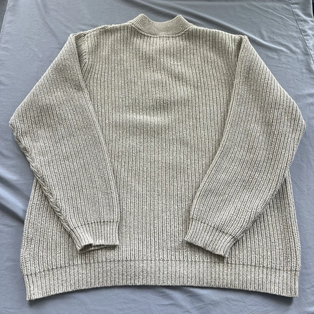 VTG Eddie Bauer Pullover Henley Knit Sweater Beige Men's L 100% Cotton Heavy